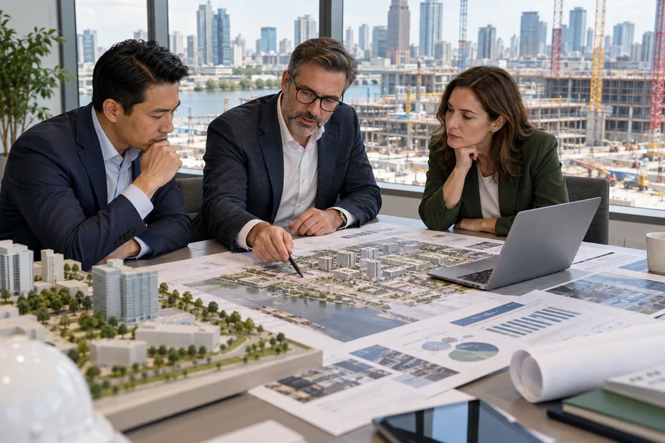 Illustration of people discussing a development model